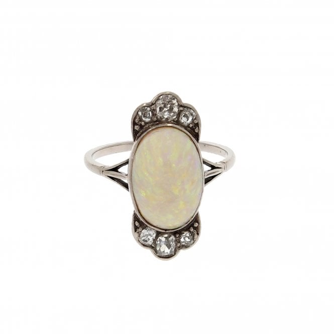 Opal 2.60 Carat with 0.25ct Old Cut Diamonds Edwardian Platinum  Ring