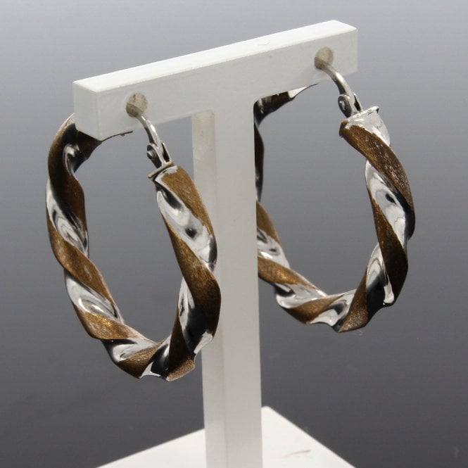 9ct White and Gold Twist Design Creole Earrings