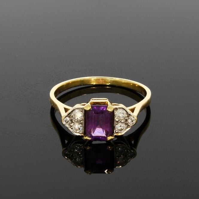 Amethyst 1.04 Carat Emerald Cut & 0.20ct Brilliant Cut Diamond 18ct Yellow Gold Dress Ring