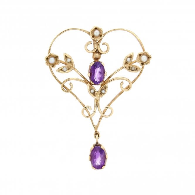 Amethyst 9ct Gold Floral Pearl Pendant