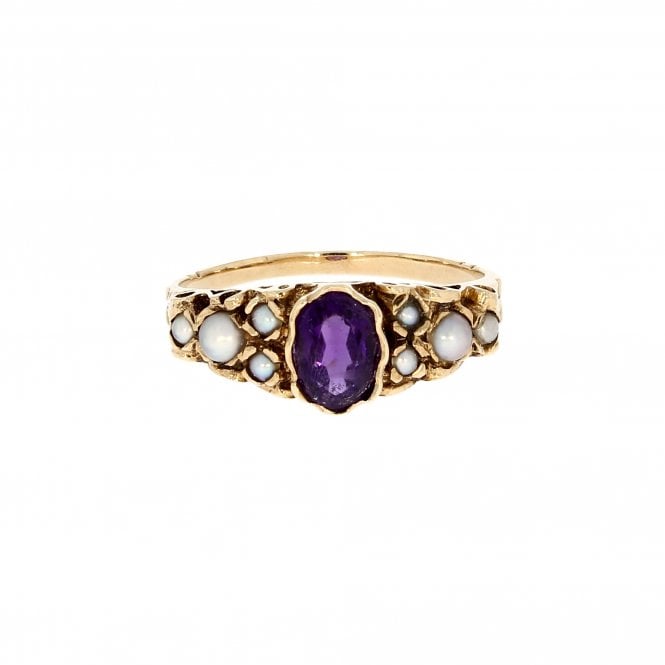 Amethyst Vintage 9ct Yellow Gold Seed Pearl Ring