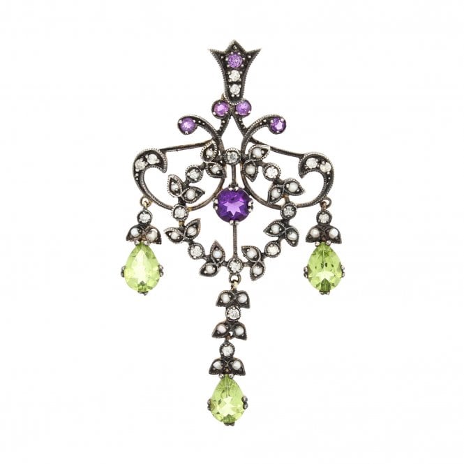 Amethyst Vintage Silver Set Diamond Pearl Peridot Knights Pendant