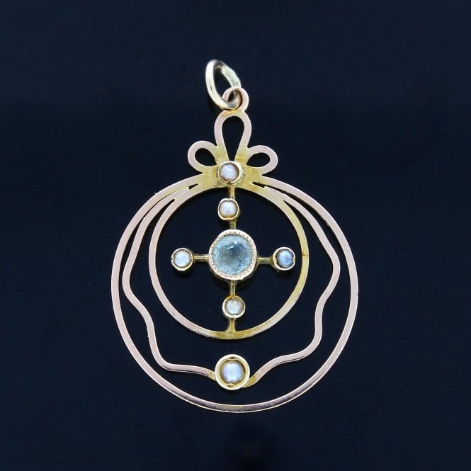 Antique 9ct Edwardian Openwork Circle Design Gold Aquamarine & Seed Pearl Pendant