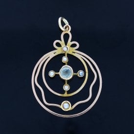 9ct Edwardian Openwork Circle Design Gold Aquamarine & Seed Pearl Pendant
