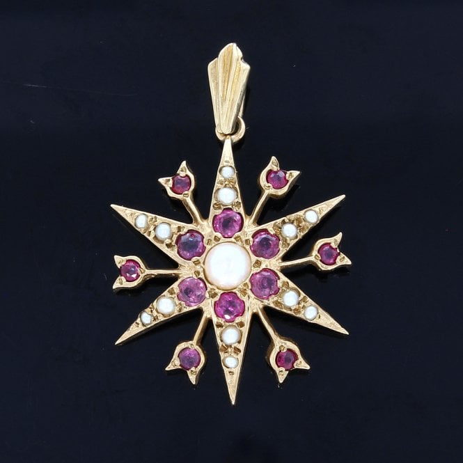 Antique 9ct Gold Ruby & Seed Pearl Starburst Pendant