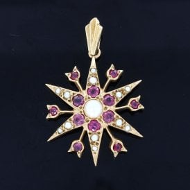 9ct Gold Ruby & Seed Pearl Starburst Pendant