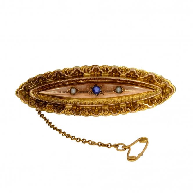 Antique 9ct Yellow Gold Victorian Sapphire & Pearl Brooch