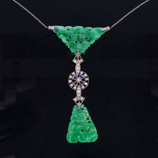 Antique Jade Diamond & Sapphire Pendant Necklace