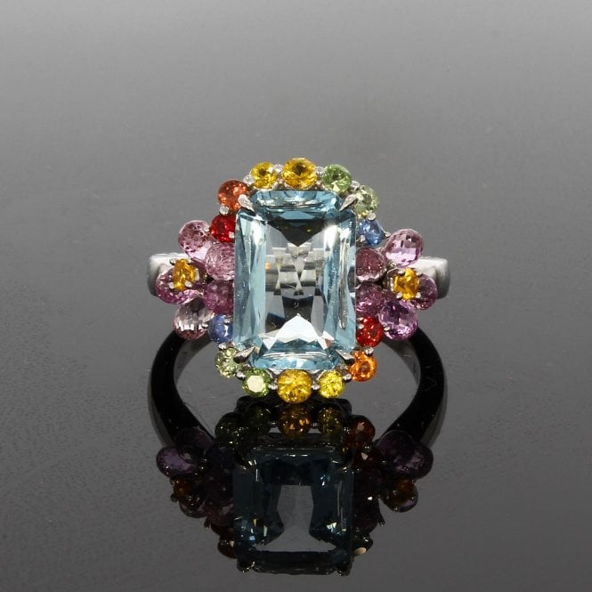 Aquamarine 2.88 Carat Emerald Cut & 2.70ct Multicoloured Sapphire 18ct White Gold Ring