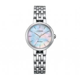CITIZEN ECO-DRIVE LADIES SILHOUETTE ALL STEEL ROUND MOTHER OF PEARL DIAL WATCH EM0990-81Y 