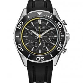Citizen Eco-Drive Men's Sport Chronograph Black Dial Ceramic Bezel Black Rubber Strap Watch CA4730-08E