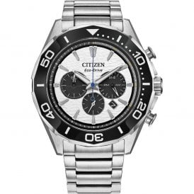 Citizen Eco-Drive Men's Sport Chronograph White & Black Ceramic Bezel & Steel Bracelet CA4730-59A
