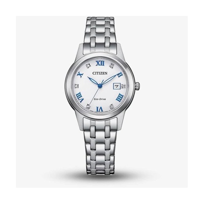 Citizen Watch Eco-Drive White Dial CZ Date Bracelet Watch FE1240-81A