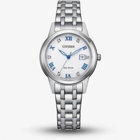 Eco-Drive White Dial CZ Date Bracelet Watch FE1240-81A
