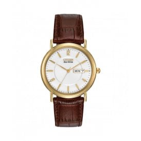 Eco-Drive White Dial Day/Date YGP Brown Leather Strap BM8242-08A