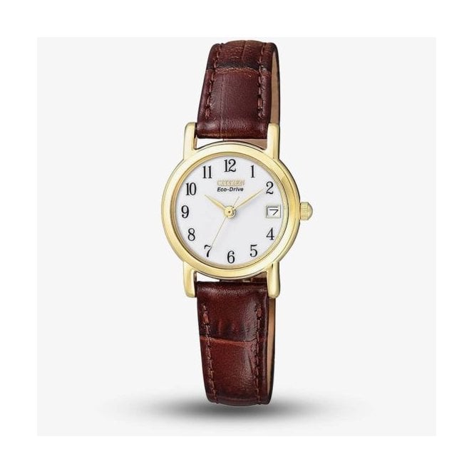 Citizen Watch Ladies Eco-Drive White Dial Date YGP Brown Leather EW1272-01A