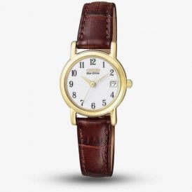 Ladies Eco-Drive White Dial Date YGP Brown Leather EW1272-01A