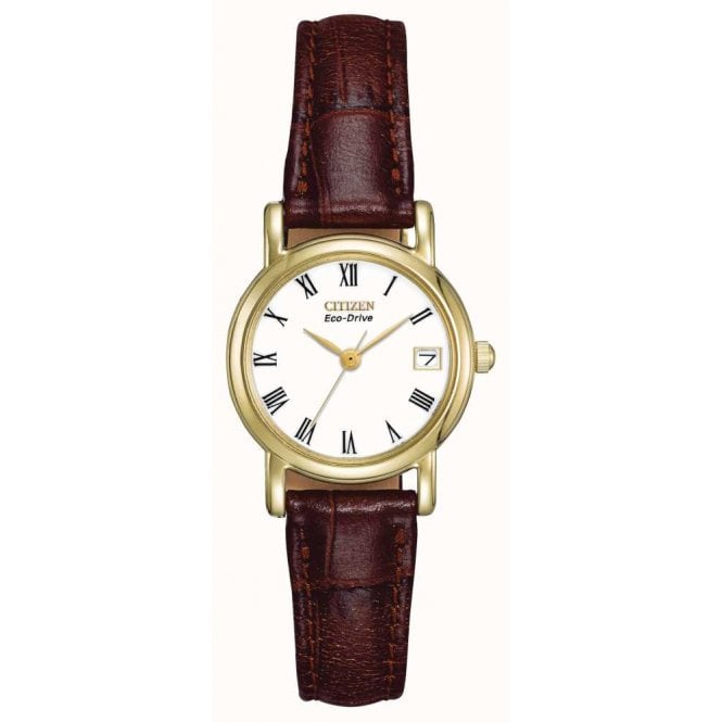 Citizen Watch Ladies Eco-Drive White Dial Date YGP Brown Leather EW1272-01B
