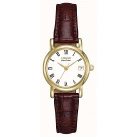 Ladies Eco-Drive White Dial Date YGP Brown Leather EW1272-01B