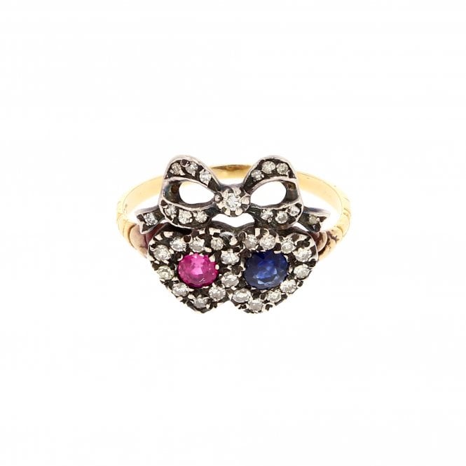 Cluster Ring Antique Heart Ribbon Sapphire & Ruby 15ct Gold