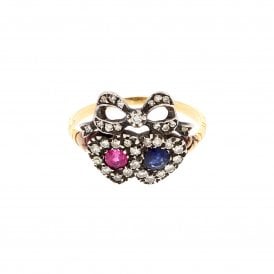 Antique Heart Ribbon Sapphire & Ruby 15ct Gold