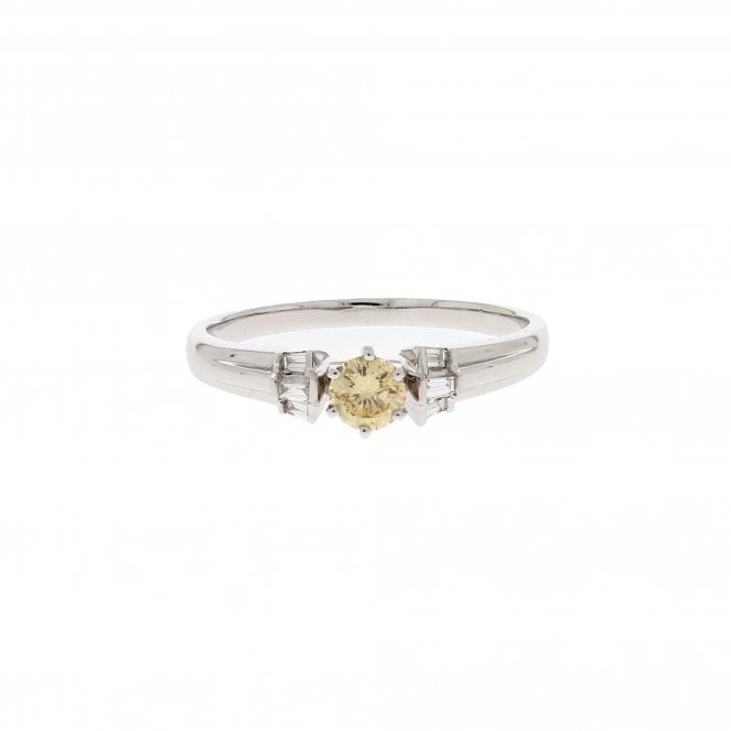 Diamond 0.22 Carat Natural Yellow with 6 Baguette Cut Shoulders 18ct White Gold Ring