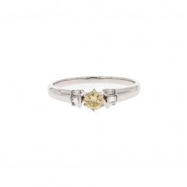 0.22 Carat Natural Yellow with 6 Baguette Cut Shoulders 18ct White Gold Ring