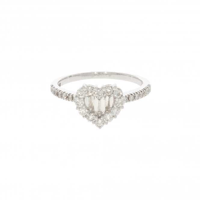 Diamond 0.30 Carat Baguette Cut with 0.46 Brilliant Cut Shoulders 18ct White Gold Heart Halo Ring 