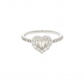 0.30 Carat Baguette Cut with 0.46 Brilliant Cut Shoulders 18ct White Gold Heart Halo Ring 