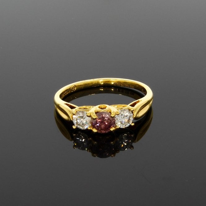 Diamond 0.33 Carat Natural Pink / Purple & 2 0.25ct Natural White Brilliant Cut 18ct Yellow Gold Trilogy Ring