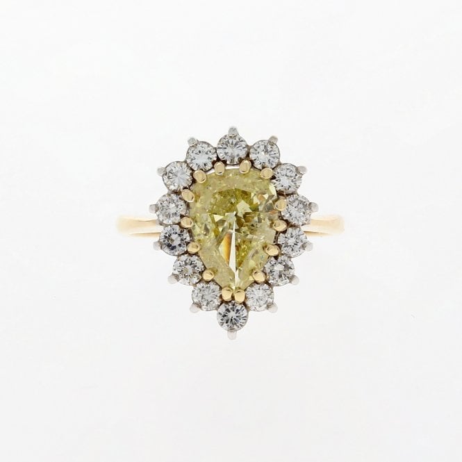 Diamond 1.77 Carat Canary Yellow Pear Cut SI3 Clarity 0.84ct Surrounding 18ct Yellow Gold Ring 