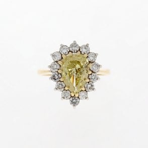 1.77 Carat Canary Yellow Pear Cut SI3 Clarity 0.84ct Surrounding 18ct Yellow Gold Ring 