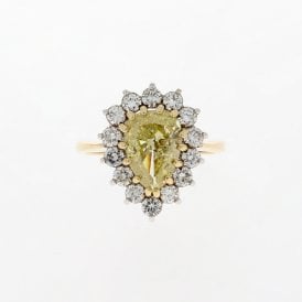 1.77 Carat Canary Yellow Pear Cut SI3 Clarity 0.84ct Surrounding 18ct Yellow Gold Ring 