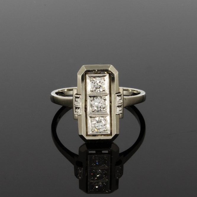 Diamond Art Deco Style 14ct White Gold Oblong Trilogy Ring