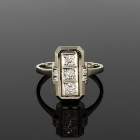 Art Deco Style 14ct White Gold Oblong Trilogy Ring