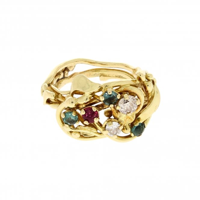 Diamond Belle Epoque Emerald Ruby and Sapphire 18ct Yellow Gold Ring 