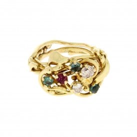 Belle Epoque Emerald Ruby and Sapphire 18ct Yellow Gold Ring 