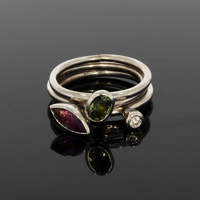 Diamond Set of 3 Rings 0.10 Carat Brilliant Cut Green Sapphire & Amethyst 9ct White Gold