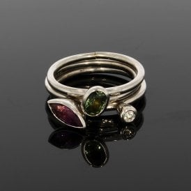 Set of 3 Rings 0.10 Carat Brilliant Cut Green Sapphire & Amethyst 9ct White Gold