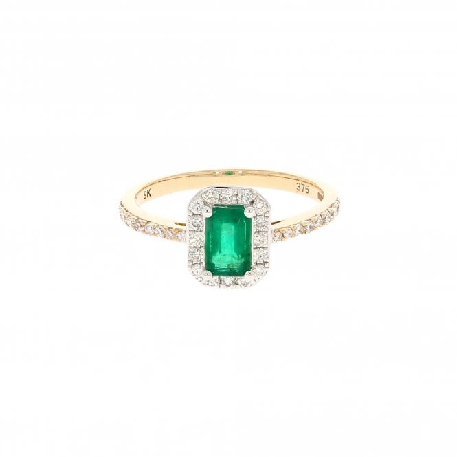 Emerald 0.52 Carat with 0.30ct Diamond Halo 9ct Yellow Gold Ring 