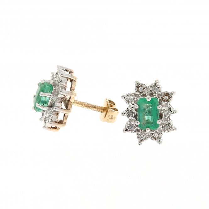 Emerald 9ct Yellow Gold Diamond Cluster Stud Earrings