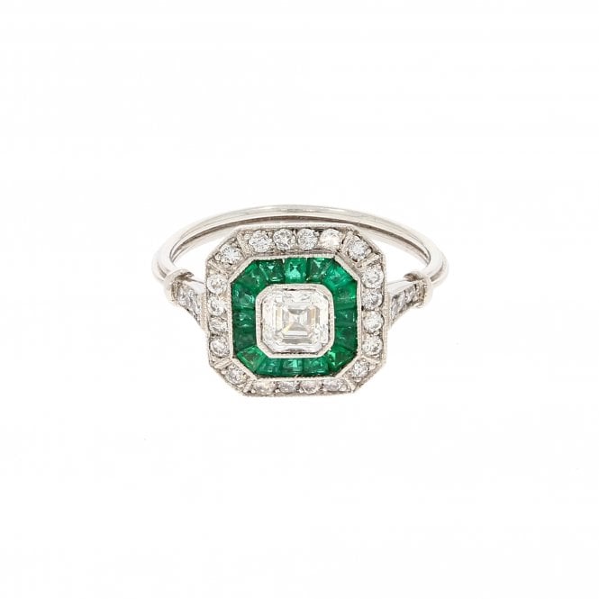 Emerald Asscher Cut Art Deco Style Diamond Set Shoulders Platinum Ring