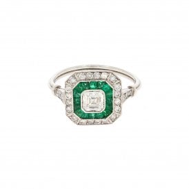 Asscher Cut Art Deco Style Diamond Set Shoulders Platinum Ring