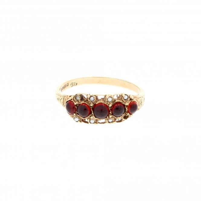 Garnet 9ct Yellow Gold Seed Pearl Ring