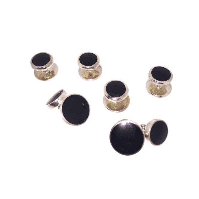 Hallmarked Sterling Silver Onyx Cufflink & Shirt Dress Stud Set