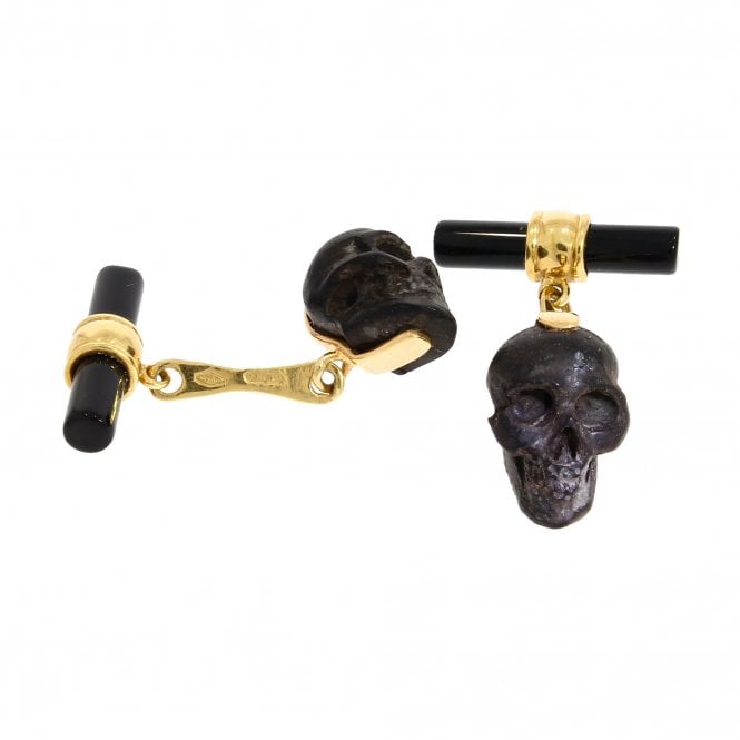 Mens Accessories 18ct Gold Black Onyx & Ebony Skull Cufflinks