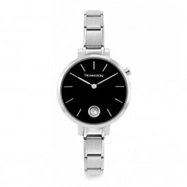 Paris Classic Stainless Steel & Round Black CZ Dial Watch 076033-01