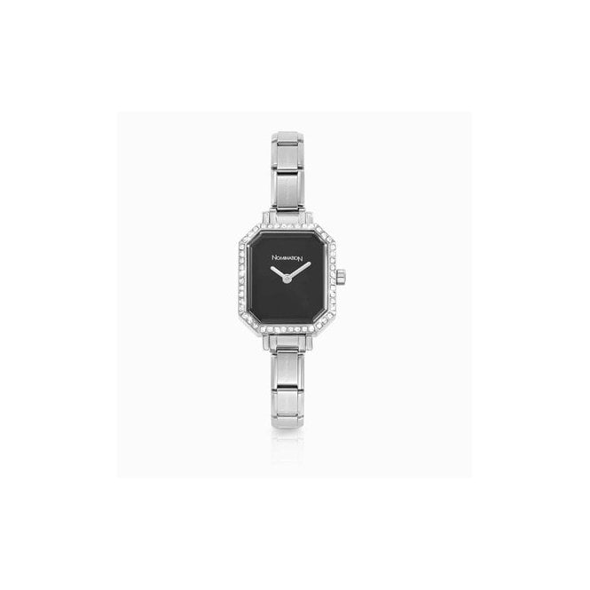Nomination Rectangular Silver Watch with Black CZ Dial 073036-012 
