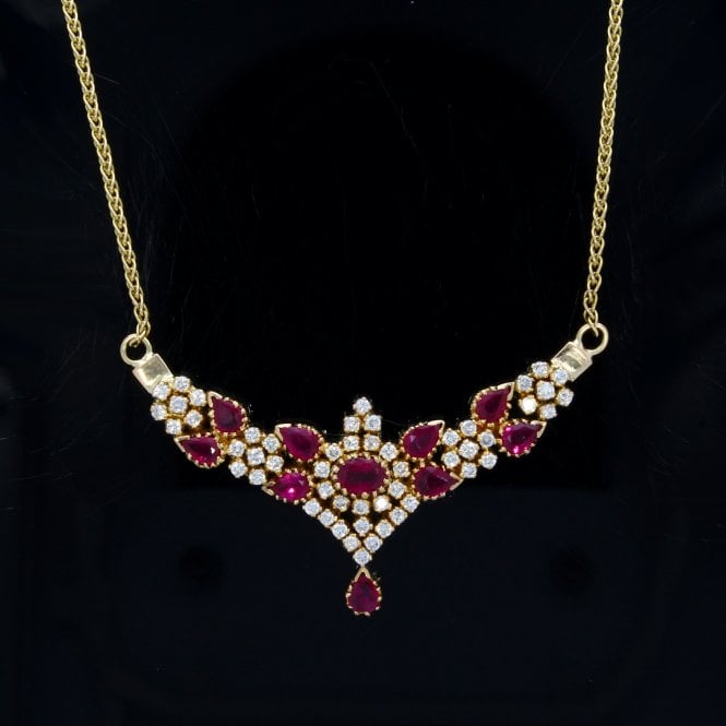 Ruby 18ct Yellow Gold Diamond Cluster Necklet