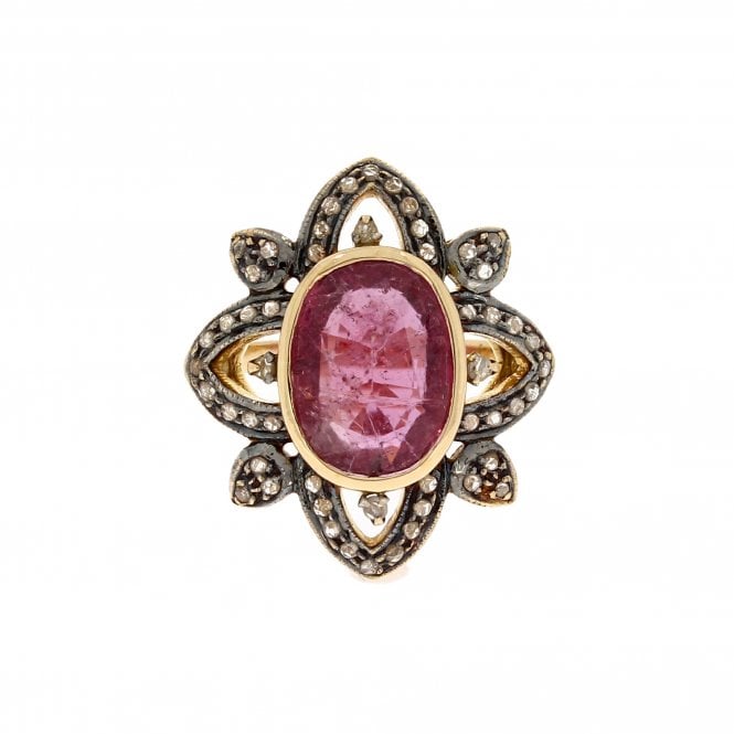 Ruby 3.88 Carat Art Deco Style 18ct Yellow Gold Old Cut Diamond Ring 
